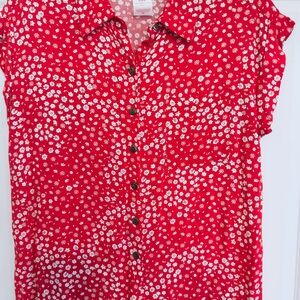 Red Floral Button-Up Blouse